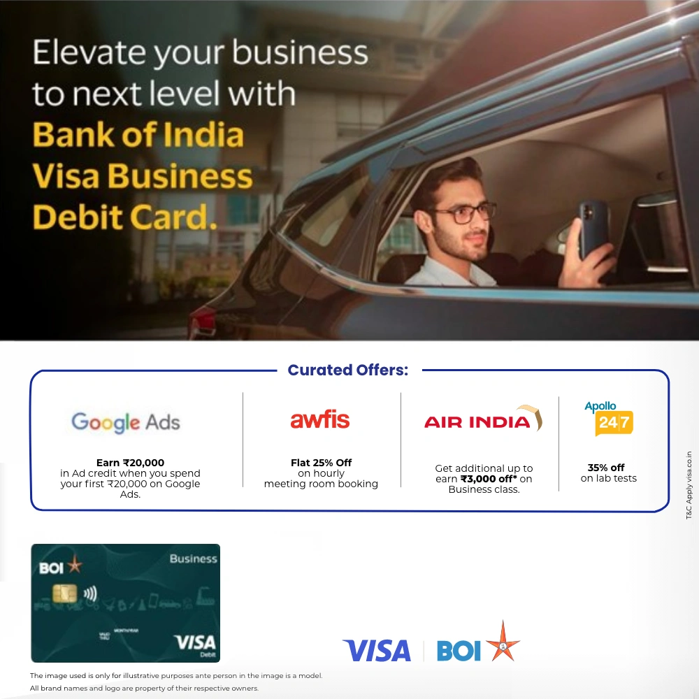 बैंक ऑफ इंडिया वीज़ा डेबिट कार्ड के साथ अपने व्यवसाय को अगले स्तर पर ले जाएं।